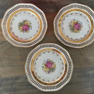 Winterling Bavaria Floral Gold Reticulated Porcelain Salad Plates 7.5” Set of 3
